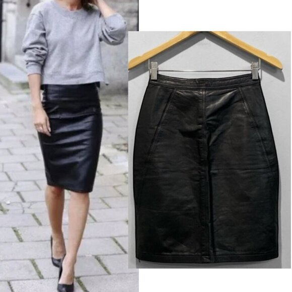 Vintage TARAZZIA Black Leather Skirt pencil Size 5/6 - Picture 1 of 11